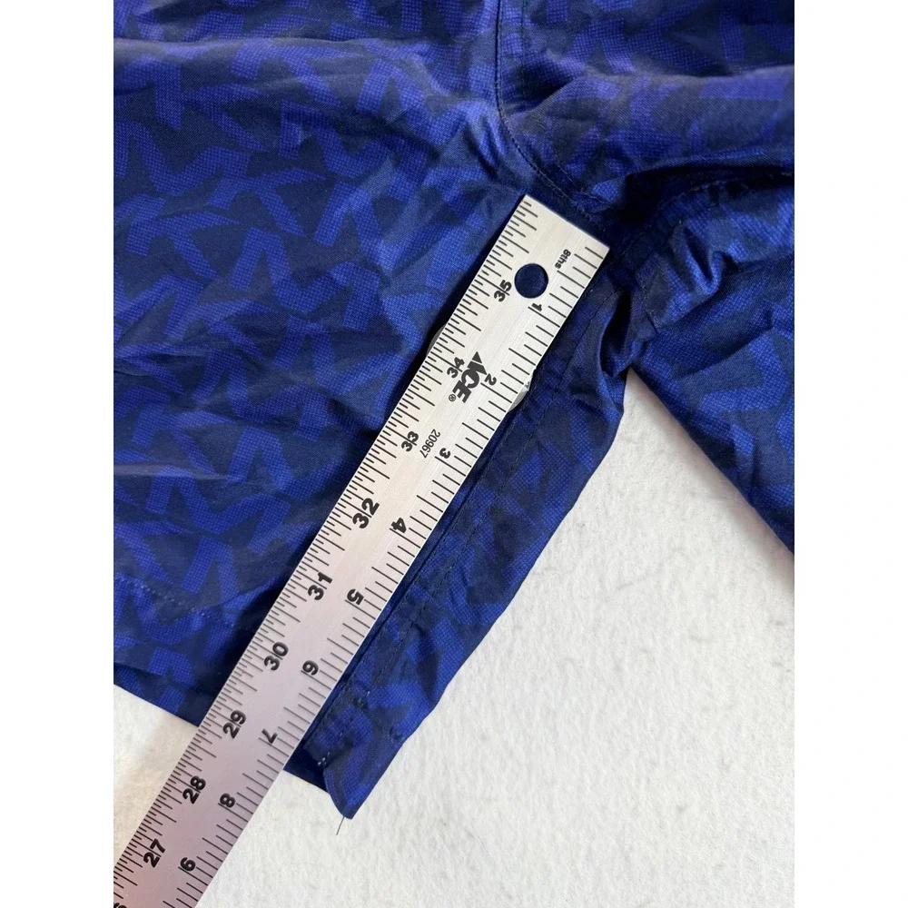 Michael Kors Mens Navy Blue Monogram Logo Swim Trunks Shorts Size L Drawstring
